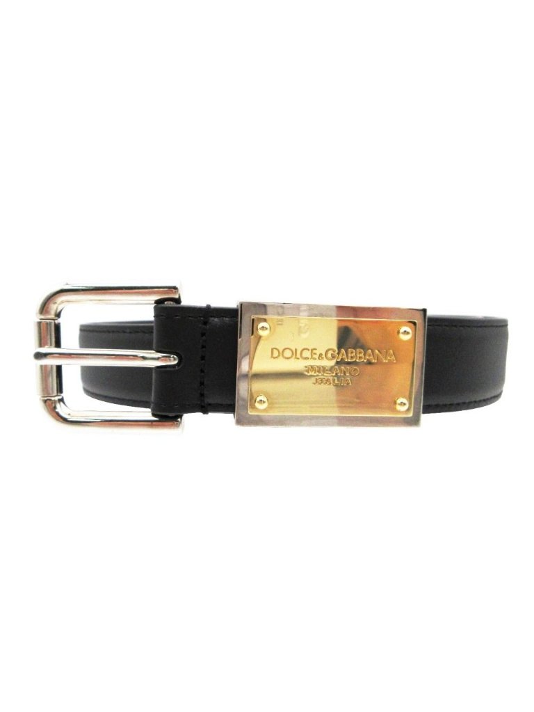 Dolce & Gabbana Belt Logo Plate Leather Eyelet Buckle Narrow Black 90 Cm
